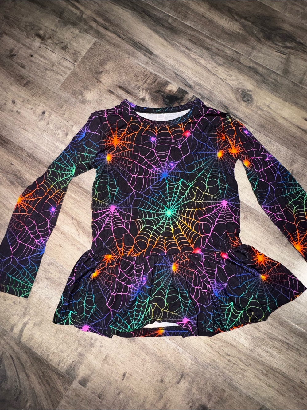 Birdie Bean Neon Spider Web Long Sleeve Peplum Twirl Dress 3/4T Halloween Bambo
